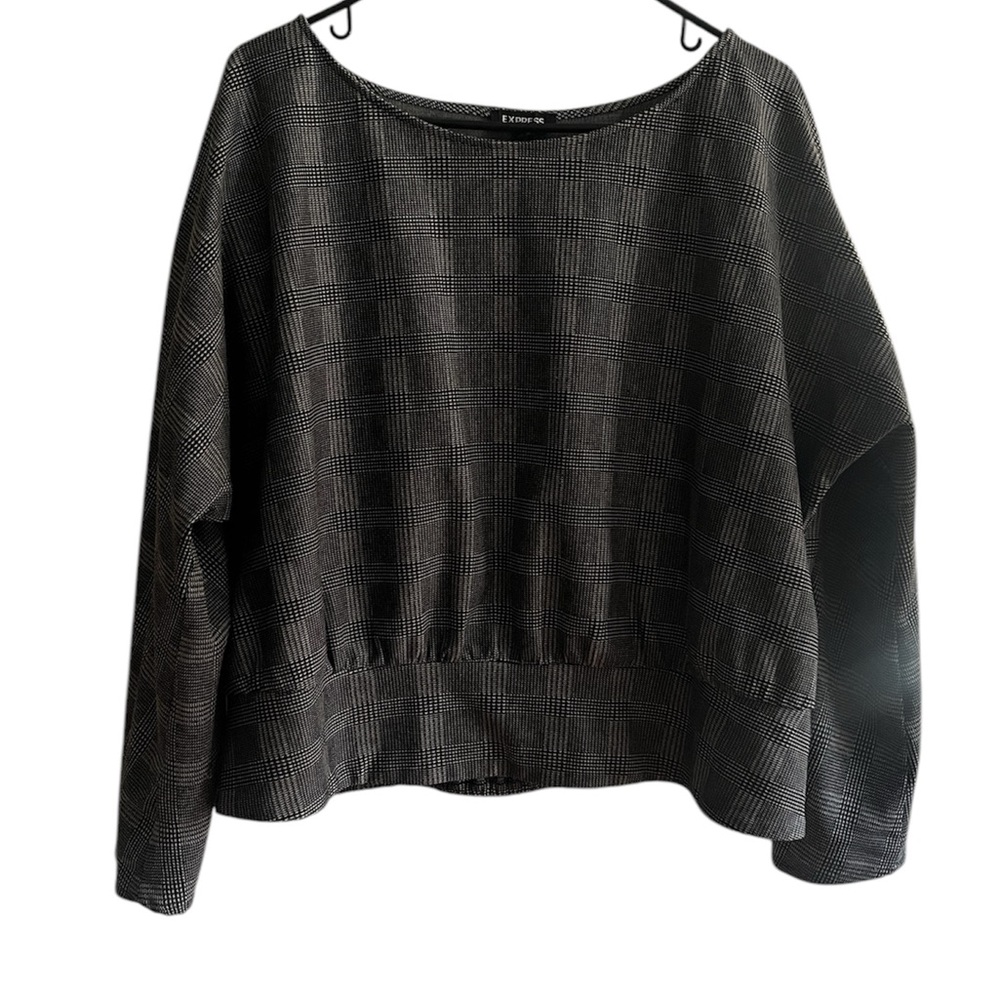 Express Black, Gray, and White Plaid Long Sleeve Shirt